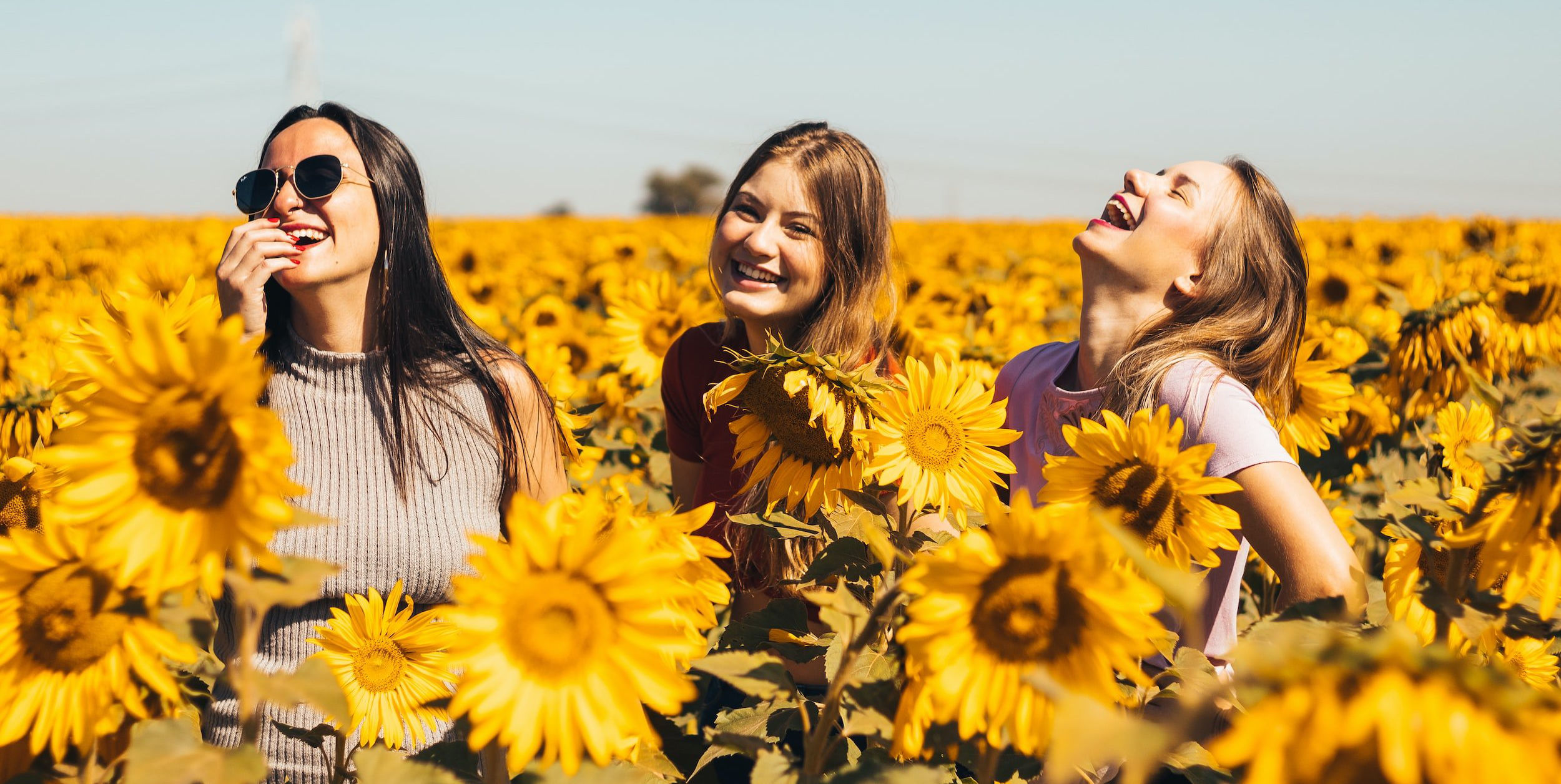 A group of empowered young women smiling in a brightly lit sunflower field